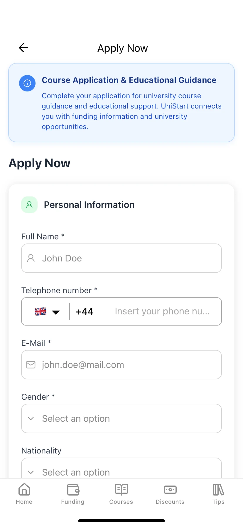 The UniStart app application preparation screen