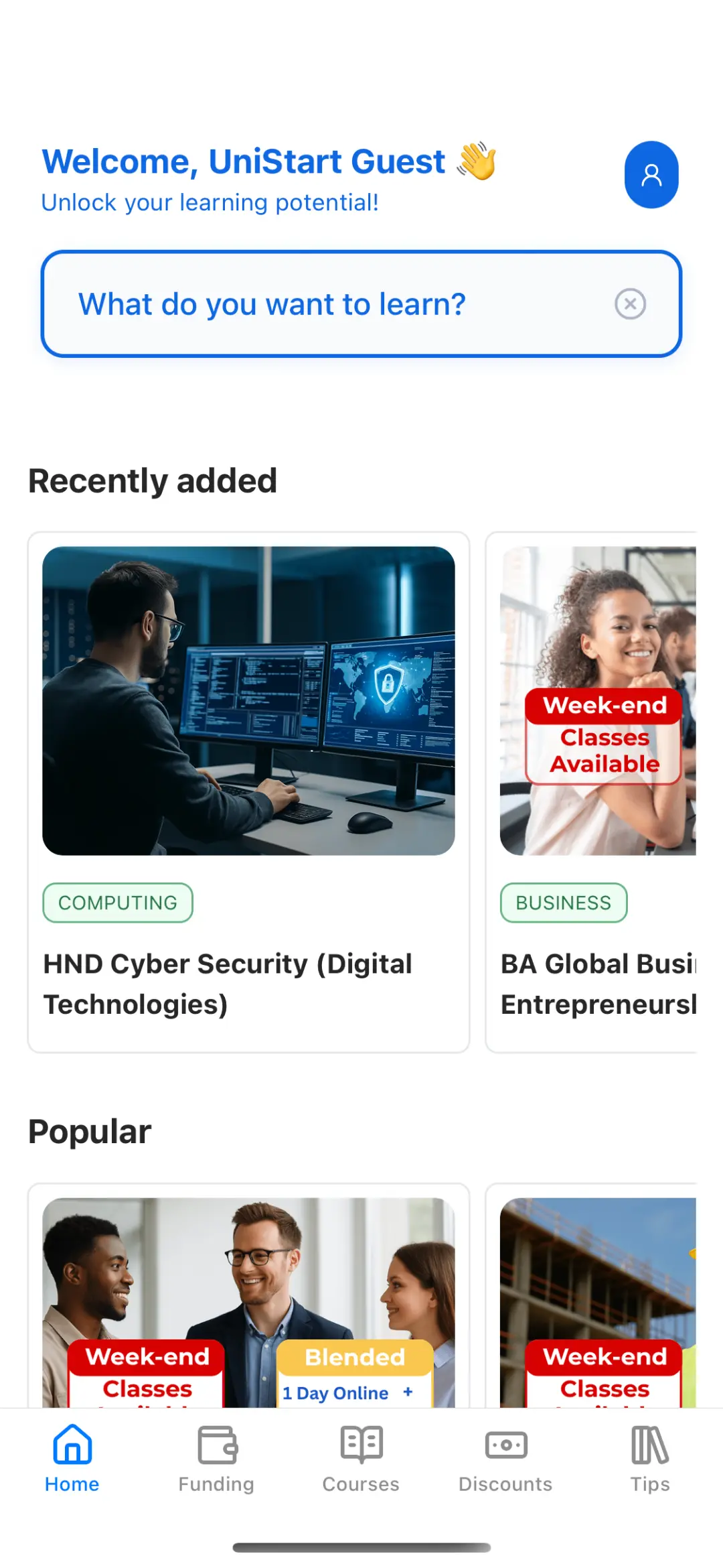 UniStart mobile app home screen showing course discovery and next steps