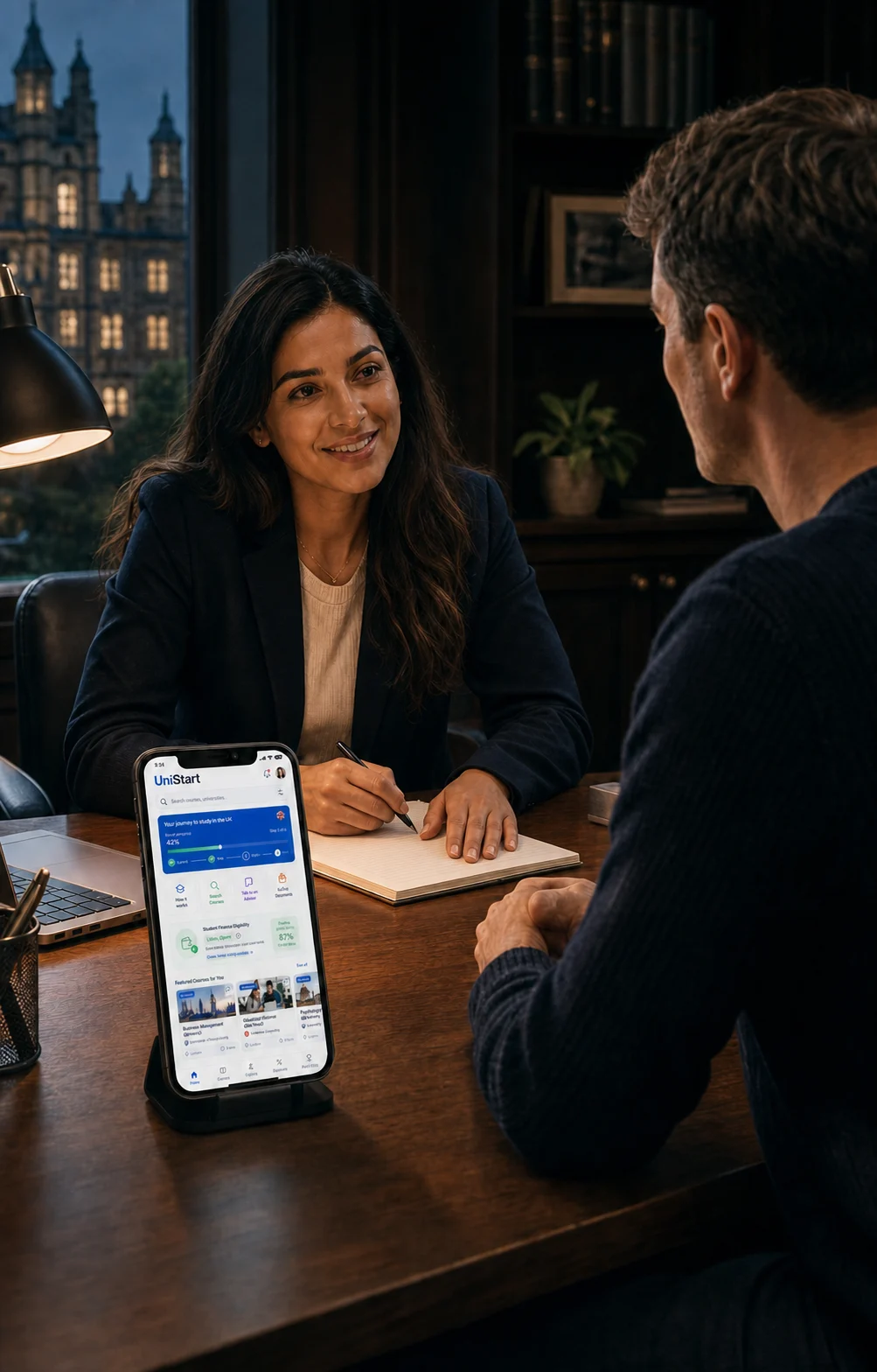 An AllCampus UK advisor speaking with an adult student beside the UniStart app